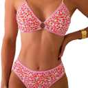 Fanuerg Women's Triangle Bikini Sets O Ring Linked Two Piece Swimsuits Floral Printed Cheeky Bathing Suit, Small, Red Floral
