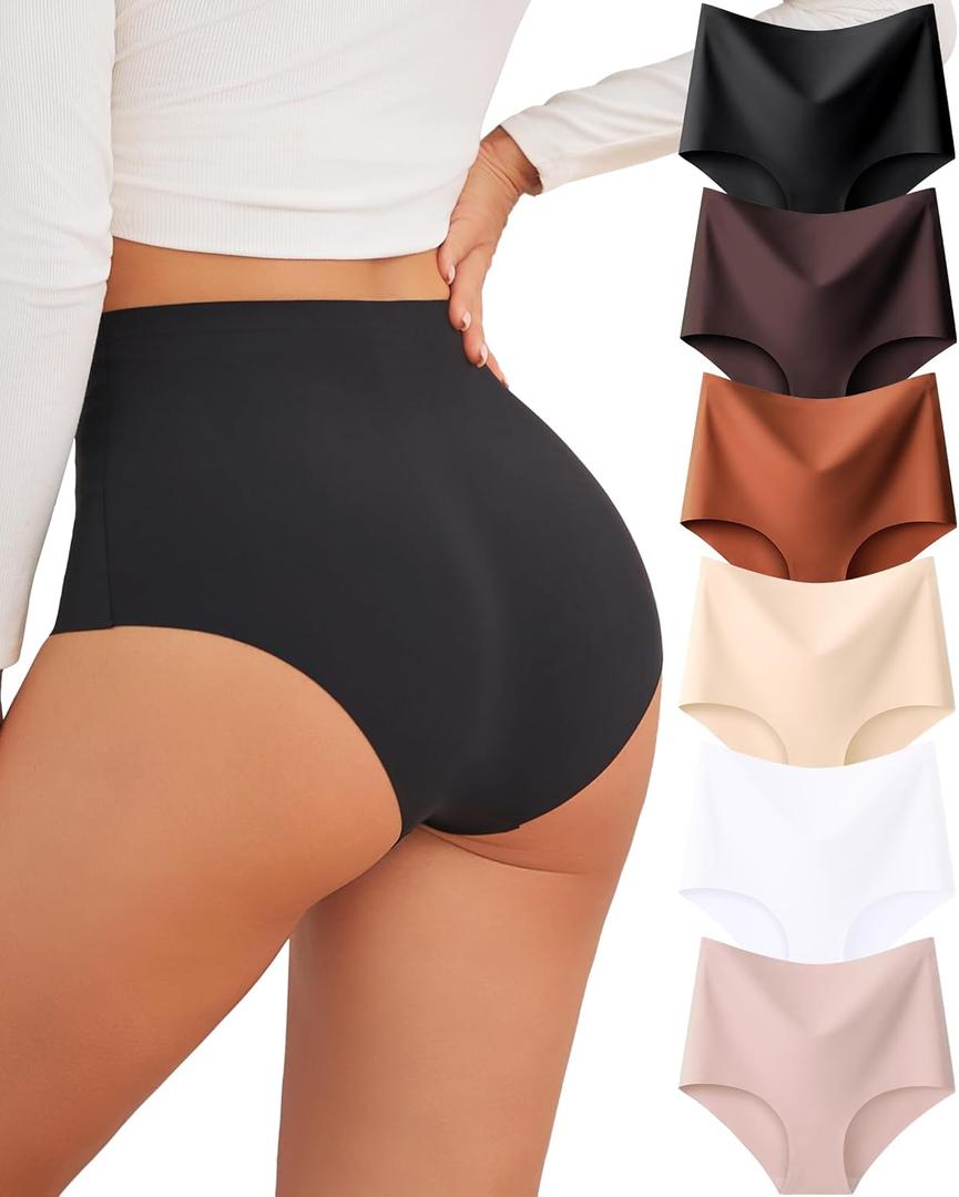 FINETOO Seamless Underwear for Women High Waisted Womens Underwear Cheeky Bikini No Show Briefs Ladies Panties 6 Pack (Medium, 6 Pack(Black*1 Brown*1 Orange*1 Nude*1 White*1 Light Khaki*1))