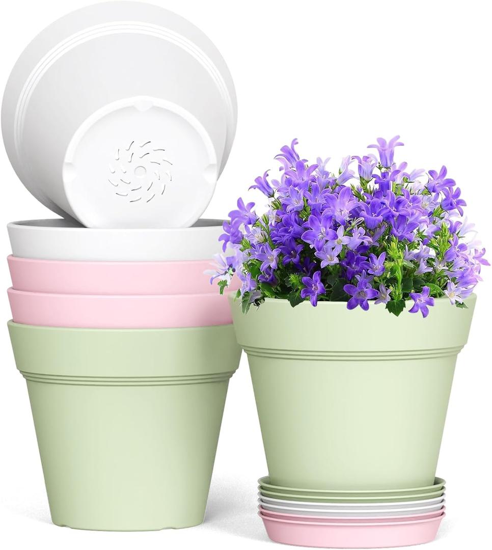 WSMKSZ 5 Inch Plastic Plant Pots with Drainage Holes and Trays  6 Pack Small Nursery Pots for Indoor & Outdoor House Plants and Flowers, Seedling Starter Planters, Colorful (Multicolor)