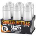 Set of 6 Inverted Condiment Squeeze Bottles 16 oz Upgraded Design with Added Sealing Gaskets, Self-Closing Valve, Easy-to-Fill Clear Bottles for Sauces, Dressings, Ketchup, Mustard for Everyday Use