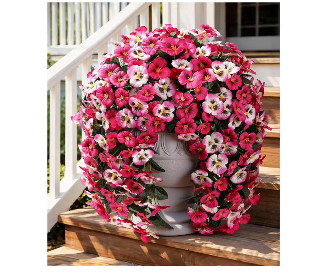 HyeFlora Artificial Flowers for Outdoors, 2pcs Faux Silk Pansies Flowers UV Resistant Fake Hanging Flower Plants for Outside Planters Porch Yard Patio Window Box (Mix Rose)