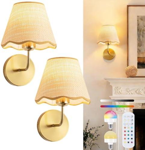 Yiridrme Wireless Battery Operated Wall Sconces Set of 2, Rechargeable 5000mAh Rattan Shade Wall Light with Remote, Gold Wall Lamp for Bedroom, Living Room, Hallway