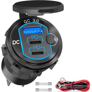 12V USB Outlet 78W for iPhone Qidoe Dual 60W PD&18W QC3.0 Dual USB Charger Socket with Switch Waterproof Aluminum Power Outlet for Marine Motorcycle Truck