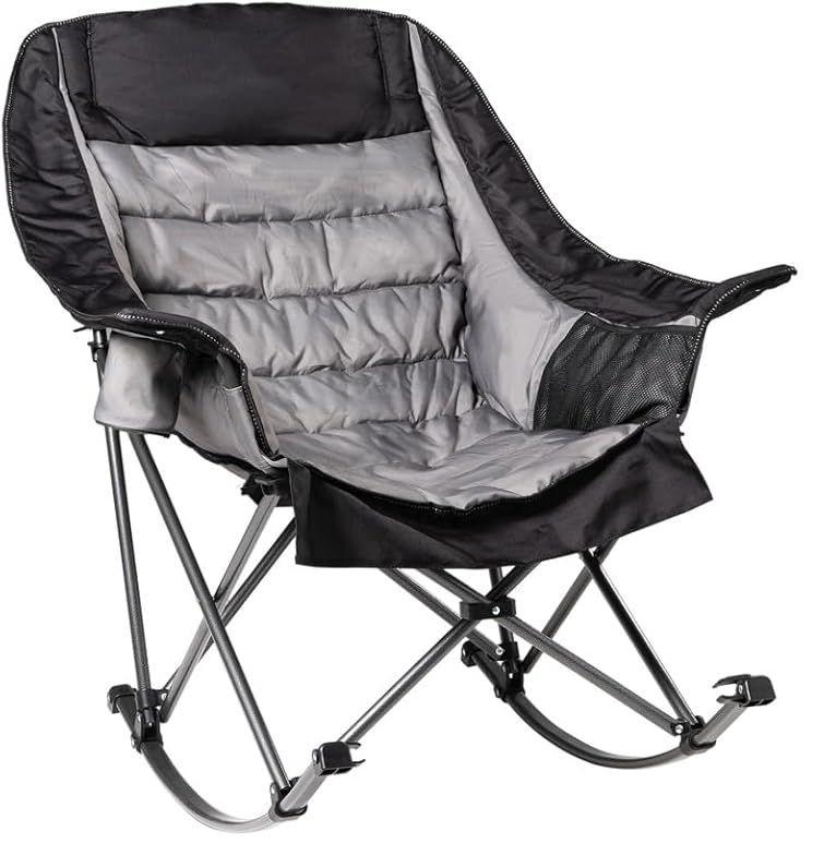 Oversized Rocking Camping Chair for Adults - 400lbs Capacity Padded Camp Chair, Portable Foldable Outdoor Rocker Chair for Camping, Backyard, Patio (Black & Gray)