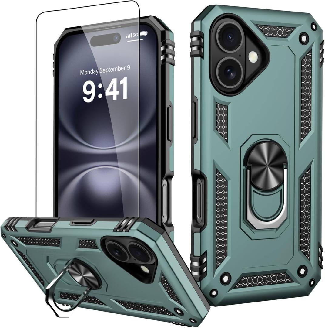 2 x IKAZZ for iPhone 16 Case 6.1 Inch with Screen Protector,Military Grade Shockproof Heavy Duty Protective Phone Cover Pass 16ft Drop Test with Magnetic Kickstand Car Mount Holder,Pine Green Color