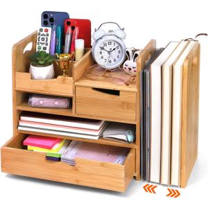 ZOOFOX Bamboo Desk Organizer with Adjustable File Holder, Mail Organizer Countertop with Drawer, 4-Tier Desktop Organization and Desk Accessories for Home Office School Supplies, No Assembly Required