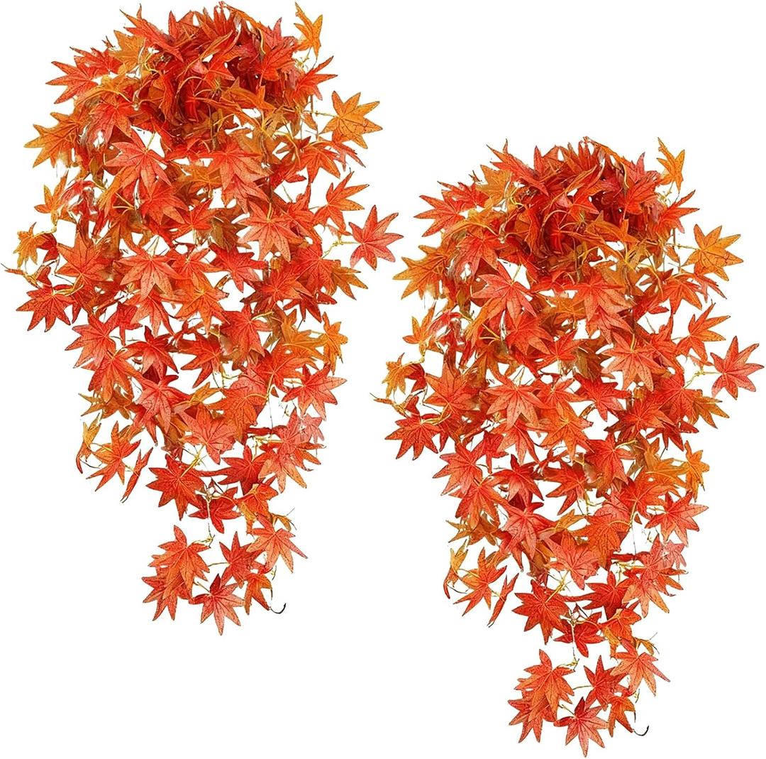 2Pcs Artificial Fall Hanging Maple Leaves Plants Outdoor UV Resistant No Fade Fake Plastic Plants for Thanksgiving Day Decor Autumn Garden Porch Window Boxe