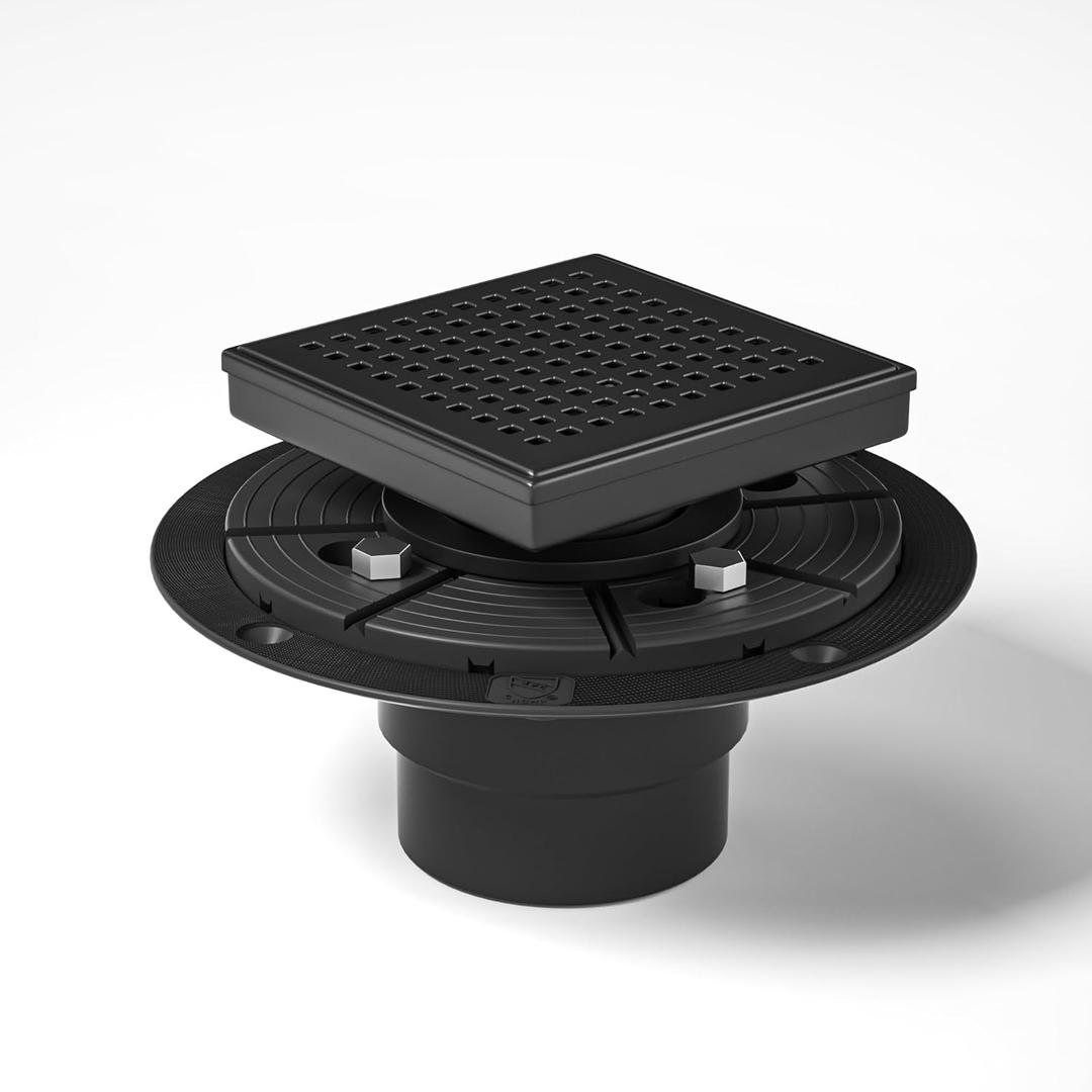 Shower Drain 4*4-inch with PVC Drain Base | Matte Black 304 Stainless Steel | Fast Drainage | Stainless Floor Drain Grate | Hair Strainer | Drain Key | Ultimate Combo for Your Bathroom Upgrade