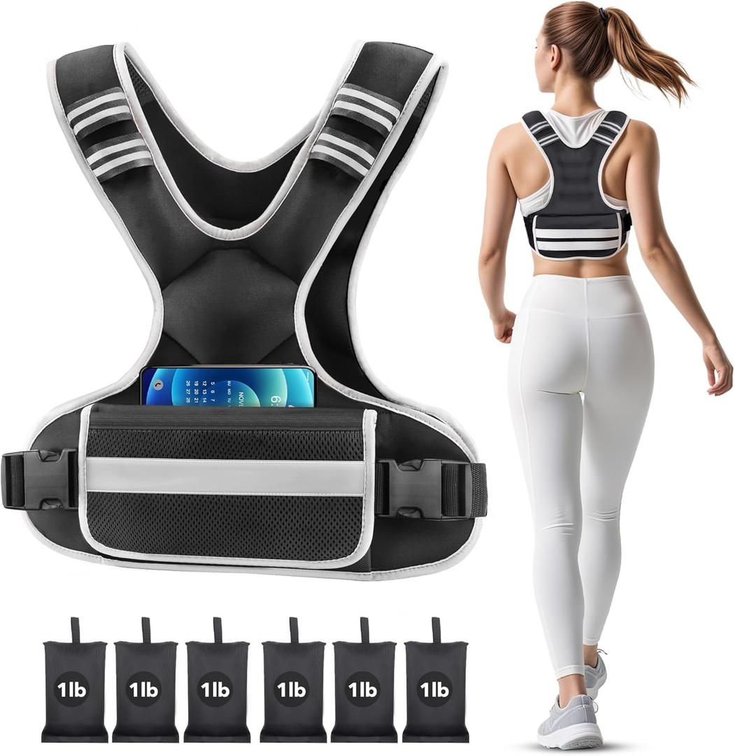 Adjustable Weighted Vest Woman 4-10lb/12-18lb/20-32lb Weighted Vest Men with 6 Ironsand Weights, Shoulder Pads and Large Pocket for Walking Running Crossfit Strength Training (Black,  4-10lb)