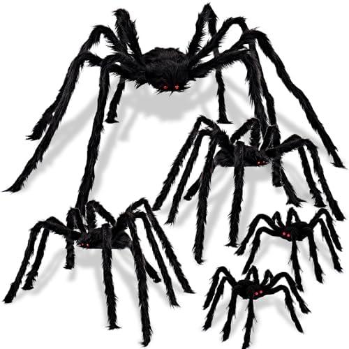 JOYIN 4 Packs Halloween Decorations Outdoor Giant Spiders, Large Black Hairy Spider Set with Different Size for Halloween Outside Decor, Lawn, Yard, Indoor Decor(35", 30", 24", 20", 12")