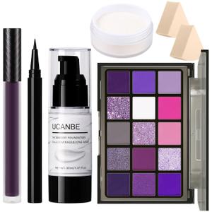 UCANBE Halloween Makeup Kit – 15-Color Purple Eyeshadow Palette, White Liquid Foundation, Purple Liquid Lipstick, Black Eyeliner, Setting Powder & Sponges Makeup Set for Cosplay Witch Devil Sorceress