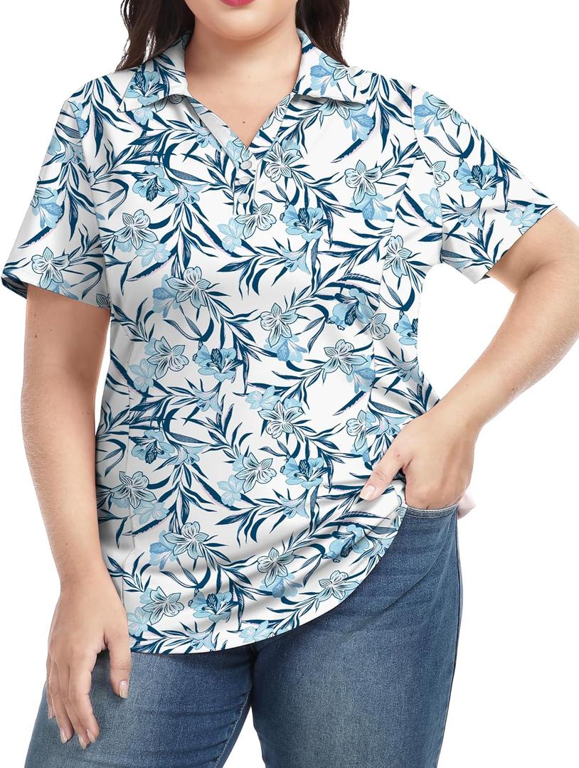 COOTRY Plus Size Golf Polo Shirts for Women Short Sleeve V Neck Tennis Tops Loose Fit T Shirt 3 Buttons White Floral 3XL (XXL)