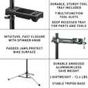 Feedback Sports Sport Mechanic 2.0 Bike Repair Stand With Tool Tray | Strong, lightweight aluminum/steel hybrid frame with spinner knob clamp for stable support; Compact Tool Tray included.