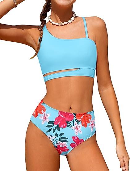 Queenstyle Girls Swimsuits Bikini Set Kids Cutout Bathing Suit Bikini Top Two Piece Girls' Swimwear 13-14Y