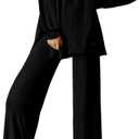 PRETTYGARDEN Womens 2 Piece Outfits Crewneck Long Sleeve Pullover Tops Wide Leg Long Pants Casual Lounge Set Travel Tracksuit (Large, Black)