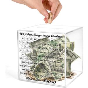 Piggy Bank for Adults, Unbreakable Piggy Bank, Clear Acrylic Money Box, 100 Day Money Saving Challenge Box for Cash Coin, Must Break to Open, Easy and Fun Way to Save $5,050