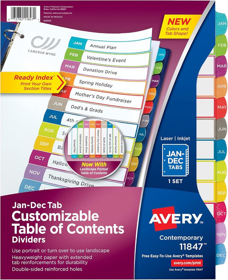 4 x Avery Jan-Dec Customizable Table of Contents Dividers for 3 Ring Binders, 12-Tab Set, Multicolor, 1 Set (11847) (One Size)