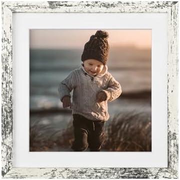 KINLINK 9x9 Picture Frame Rustic White, Square Photo Frame with Plexiglass for Picture 7x7 with Mat or 9x9 without Mat, Composite Wood Picture Frame for Table Top and Wall Mounting