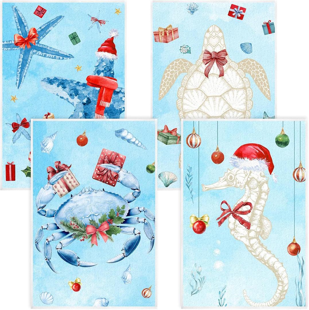 Preboun 4 Pcs Christmas Sealife Kitchen Towels Christmas Decoration Absorbent Dish Quick to Drying Hand Polyester Cleaning Tea Coastal Towels for Home Washing Drying Dishes Kitchen