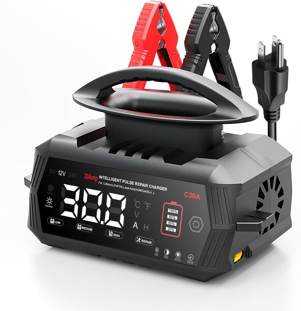 30 AMP Battery Charger, 6V/12V/24V Lead-Acid, Lithium, LiFePo4 Smart Battery Charger, Portable Large Screen Trickle Charger, Fully Automatic Chargers and Maintainer for Car, Motorcycle, Lawn Mower (Black)