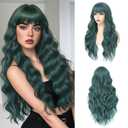 Long Green Wavy Wig With Bangs for Women 26 Inch Curly Wavy Wig With Bangs Natural Looking Synthetic Heat Resistant Fiber Wig for Daily Party Use