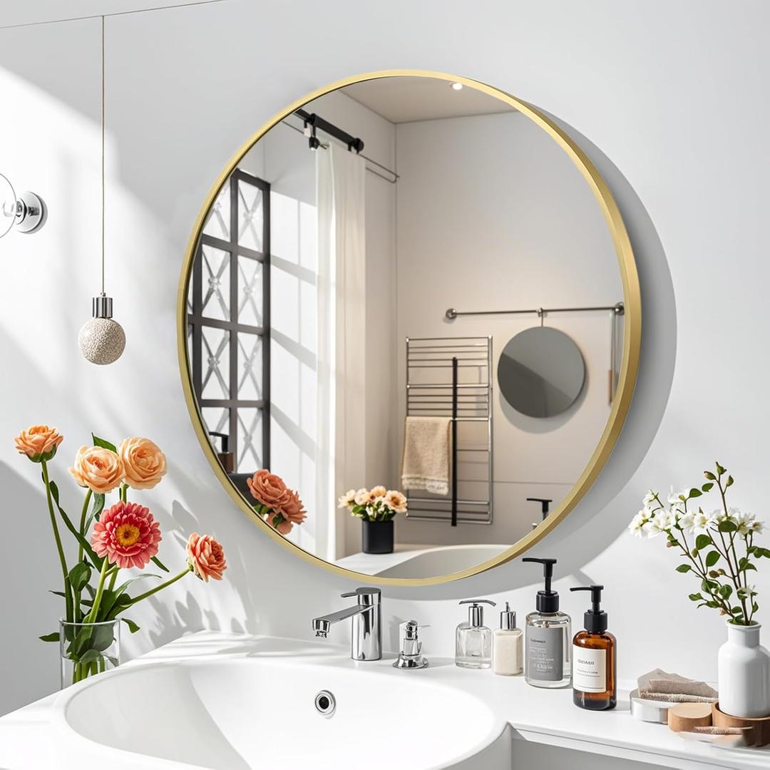 FARMER 24 Inch Gold Circle Mirror, Round Bathroom Mirror, Vanity Mirror with Metal Frame, Brushed Wall Mirror for Bathroom, Bedrooms, Entryways, Living Rooms, Vanity, Hallway