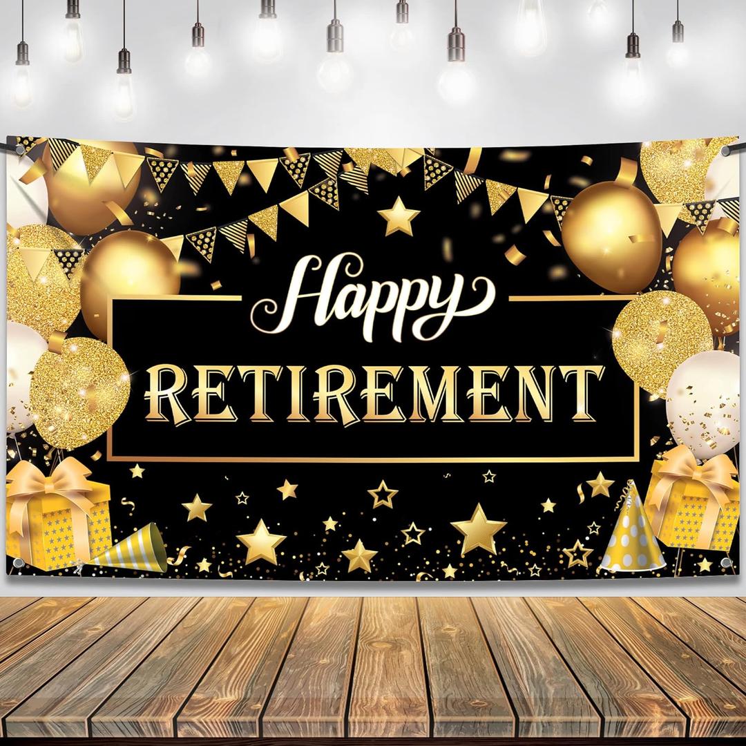 KatchOn Happy Retirement Banner - Black & Gold XtraLarge, 72x44 Inch | Retirement Party Decoration | Backdrop for Men & Women