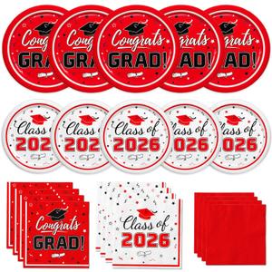 Oigco Graduation Red Party Supplies Kit Dinner Plates Dessert Plates and Napkins for Congrats Grad Party Decorations, Serves 50