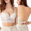 Women's Low Back Bra Push Up Deep V Backless Bra Lace Underwire Convertible Bra White 32A