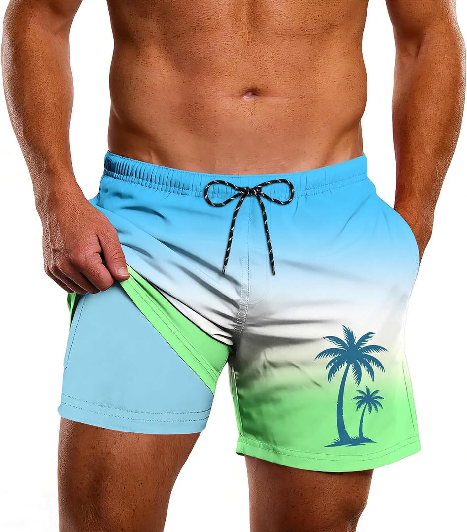 Cozople Men's 5.5" Inseam Swim Trunks Detachable Built-in Compression Liner Quick-Dry Anti-Chafing Design for Water Sports (Blue, L)