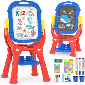 Kids Art Easel for Toddler Age 3-5 Magnetic Double-Sided Board | Adjustable Standing Chalkboard & Whiteboard with Painting Accessories, Birthday Christmas Gift for 3 4 5 Year Old Boys Girls