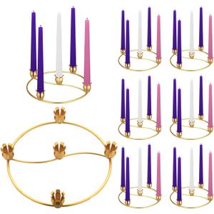 Sliner 8 Pcs Christmas Flower Advent Wreath Ring 5 Candle Holder Taper Gold Advent Ring Metal Candle Holder Table Decoration for Xmas Festival Home Centerpiece Decor