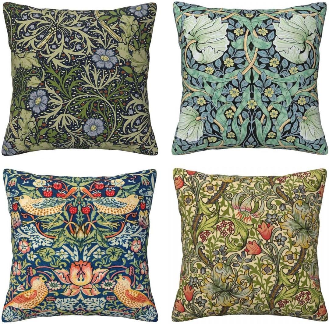 Ansouyi William Morris Throw Pillow Covers 18x18 Inch Set of 4, Vintage Botanical Floral Garden Square Decorative Cushion Covers, Home Pillow Case for Sofa Couch