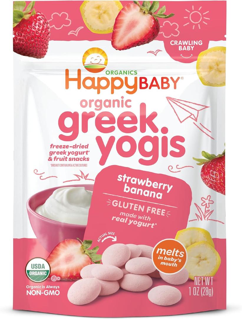 Happy Baby Organics Baby Snacks, Greek Yogis, Freeze Dried Yogurt & Fruit Snacks, Gluten Free Snack for Babies 9+ Months, Strawberry & Banana, 1 Ounce (EXP 03/12/27)