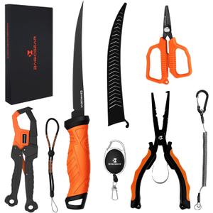 BasicGear Fishing Tool Set  7 Pliers, 9.5 Fish Lip Gripper, 4.5 Scissors, 7 Fillet Knife, Retractable Clip & Steel-Core Tether, Rust-Resistant Multi-Tool Kit for Anglers (Orange)