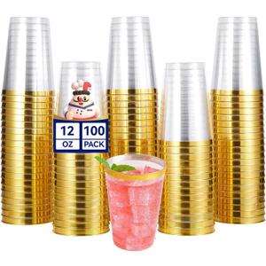 JOLLY CHEF 100 Pack Gold Plastic Disposable Cups, 12 oz Clear Plastic Cups Tumblers, Elegant Gold Rimmed Disposable Glasses for Wedding, Thanksgiving Day, Christmas