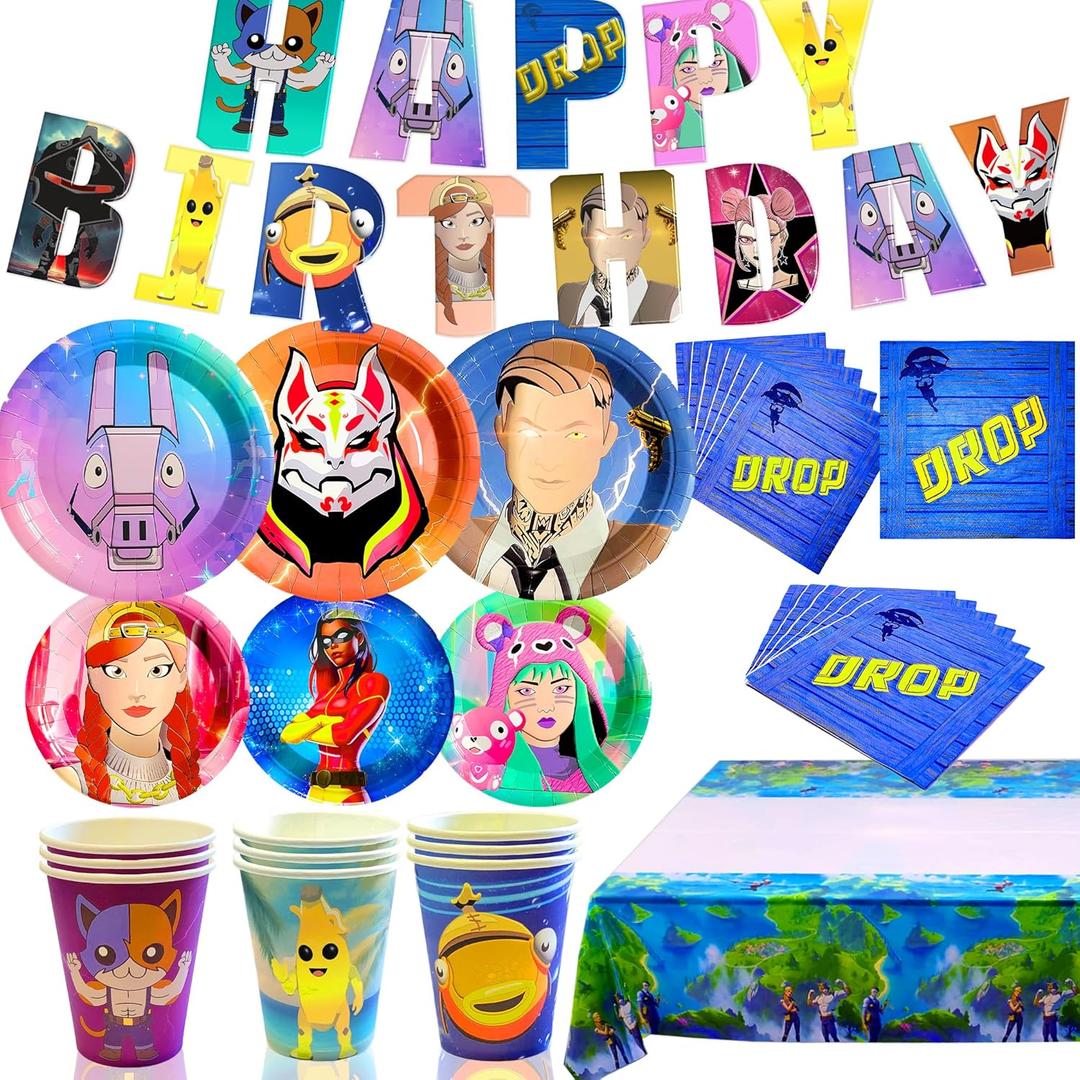 Gaming Birthday Decoration Supplies, Video Game Banner, Tablecloth Plts Cps Napkins