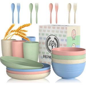 Homienly Wheat Straw Dinnerware Sets 20 PCS Cups and Plates Sets for Kitchen Microwave and Dishwasher Safe Plate Set Unbreakable Camping Dish Set Kids Plates and Bowls Sets for Picnic, RV (Multilight)
