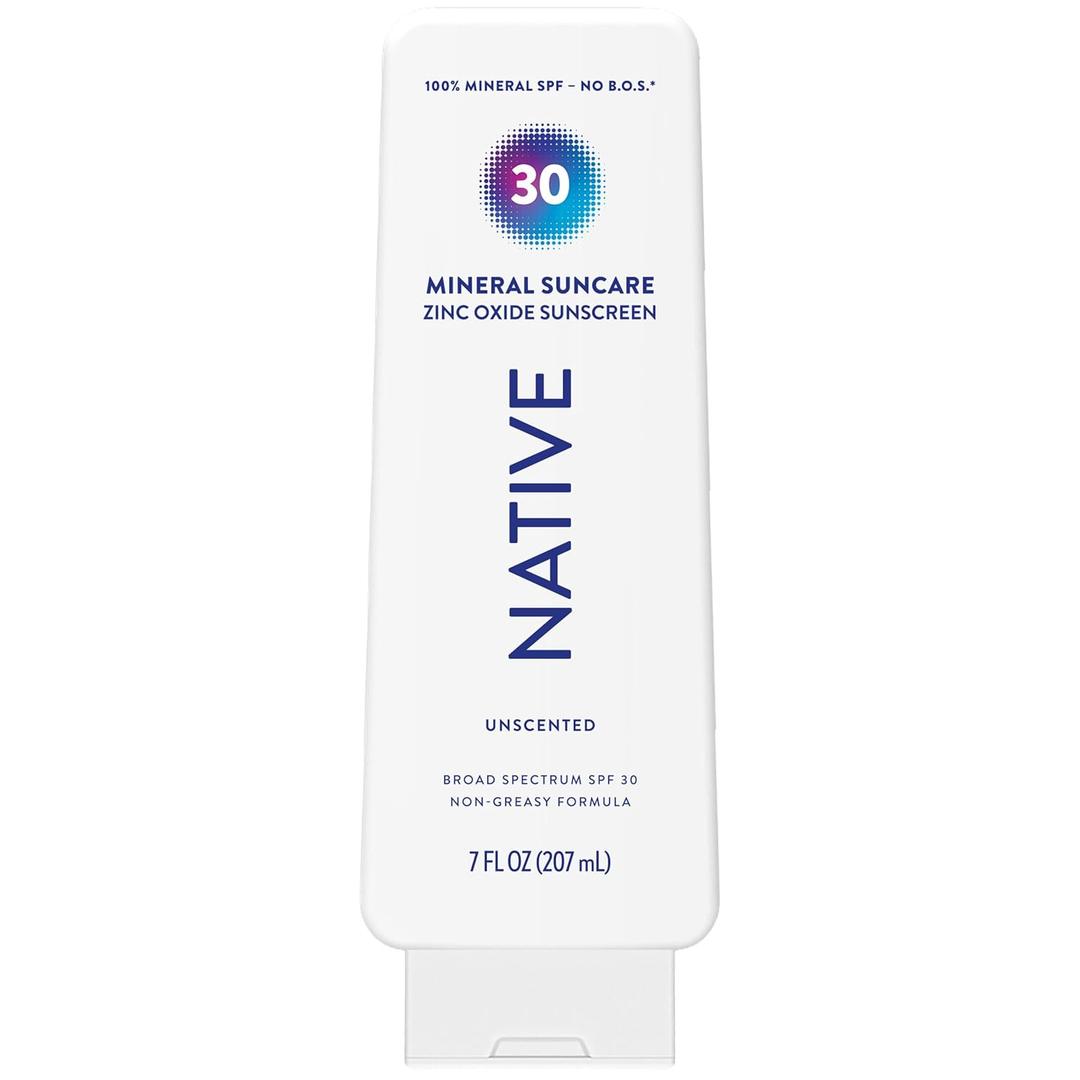 Native Sunscreen Lotion Unscented SPF 30, 100% Mineral SPF for Face & Body Broad Spectrum UVA UVB for Men & Women, Suitable for Sensitive Skin & Hawaii Compliant, Lightweight & No Residue, 7oz