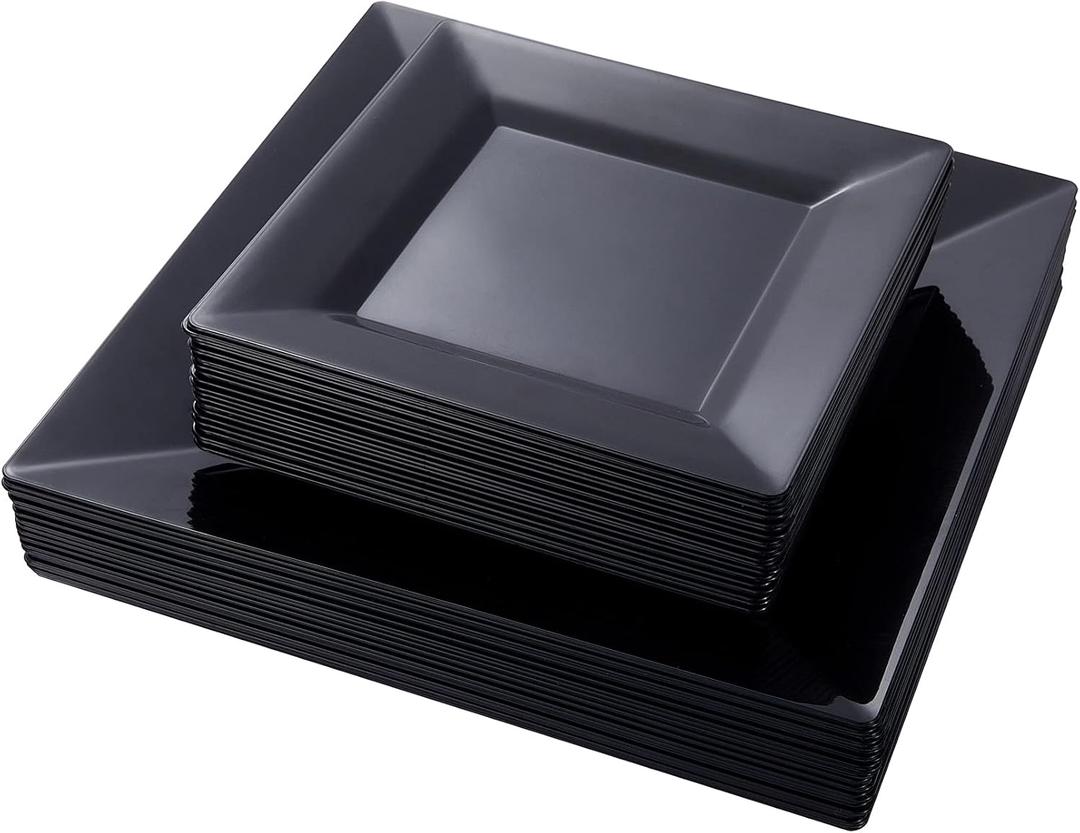 N9R 60PCS Black Plastic Plates Square, 30 Dinner & 30 Dessert Plates Heavy Duty, Fancy Disposable Plates for Party, Wedding and other Events