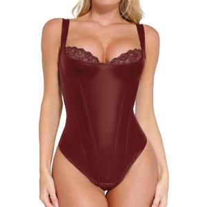 Popilush Faux Leather Shapewear Bodysuit Lace Body Suits for Womens Tummy Control Corset Tops Thong Body Shaper (Dark Red, Size M)