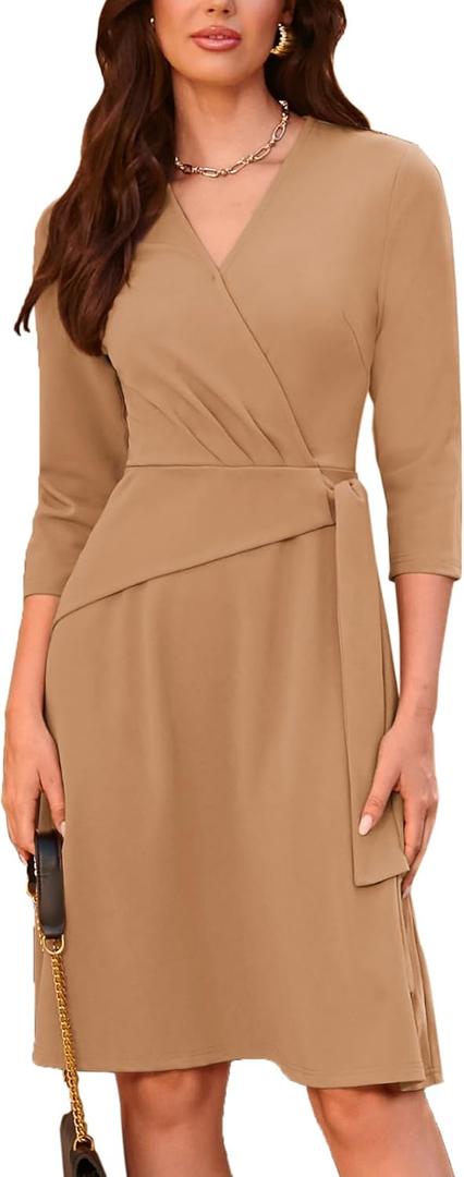 GRACE KARIN Formal Dress for Women Wedding Guest V Neck Wrap 3/ 4 Sleeve Swing Stretchy Midi Dress for Work Camel 2XL