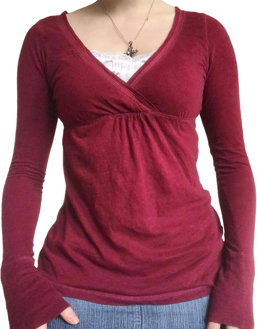 Women Lace Trim Long Sleeve T-Shirts Fairy Aesthetic Slim Fit Crop Tops Basic Blouse Y2k Teen Girls Streetwear (Small)