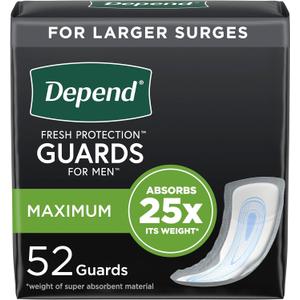 Depend Incontinence Guards/Incontinence Pads for Men/Bladder Control Pads, Maximum Absorbency, 52 Count, (One Size)