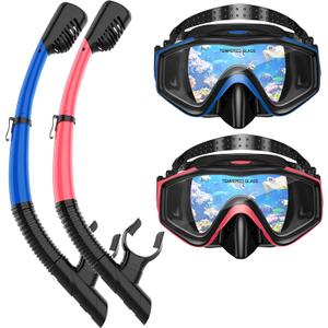 Snorkeling Gear for Adults, Dry Top Snorkel Mask Set 2 Pack Scuba Diving Mask Snorkel Gear Anti Fog Snorkeling Packages Tempered Glass Panoramic View Nose Cover (Blue&Pink)