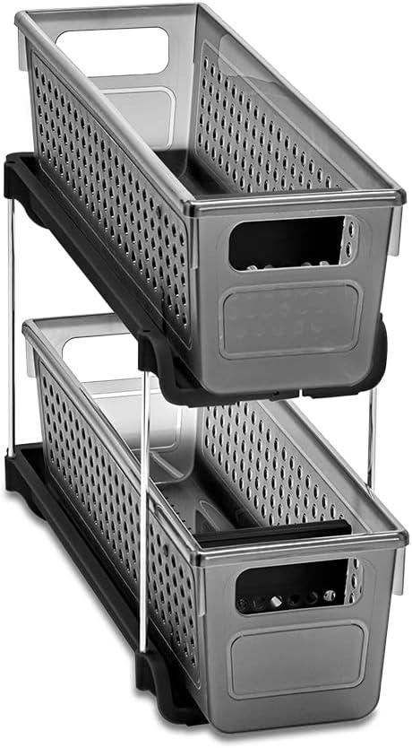 madesmart Premium Antimicrobial 2-Tier Mini Organizer Multi-Purpose Slide-Out Storage with Handles and Dividers for Home and Bath, Pack of 1, Carbon