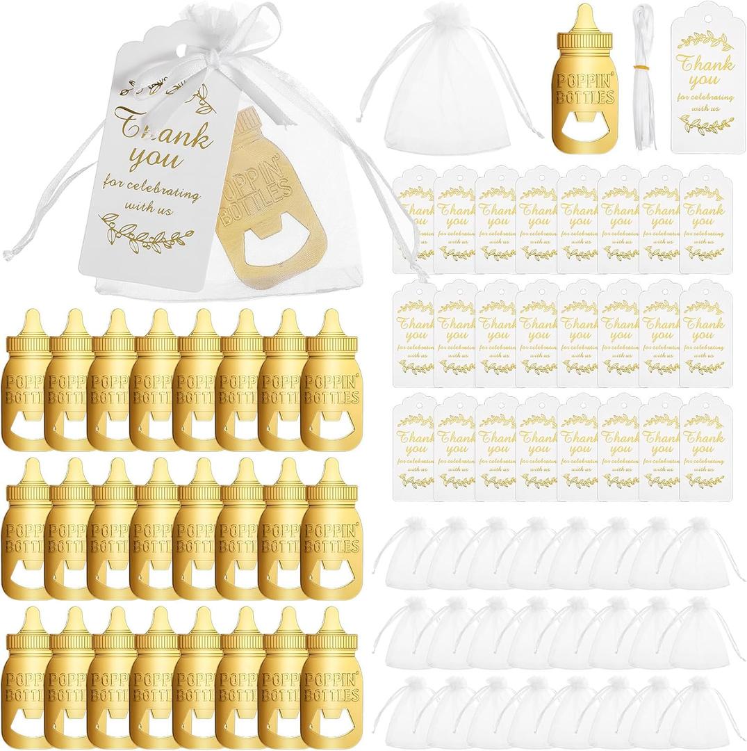 24 Pack Poppin Bottle Openers, Sets of Baby Shower Favor, 96 Pcs Zinc Alloy Bottle Openers with Organza Bags & Ribbons, Thank You Tags for Guest Souvenirs Return Gifts Decorations