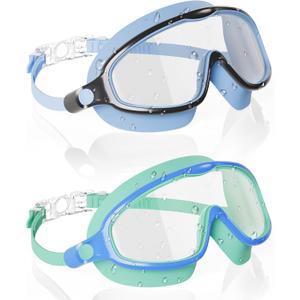 Aegend Swim Goggles for Kids Youth 3-14 - 2 Pack Wide Frame Anti-Fog Anti-UV Clear Vision Goggles for Swimming (Blue & Green)