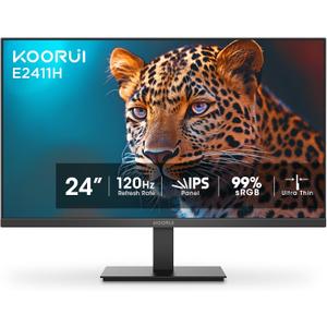KOORUI 24 inch Monitor 120Hz, Full HD 1920 * 1080p IPS Ultra-Thin Computer Monitor, 99% SRGB Color Gamut, VESA 100 * 100mm Mountable,Tilt Adjustable,HDMI & VGA Ports,Black, E2411H (24"/120Hz/IPS)
