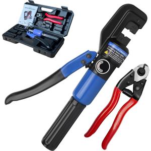 Hydraulic Crimping Tool with Cable Cutter for Stainless Steel Cable Railing Fittings, Wire Rope Crimper with 9 Dies, Wire Swaging Tool for 1/8"-3/16" Cable Railing Kits